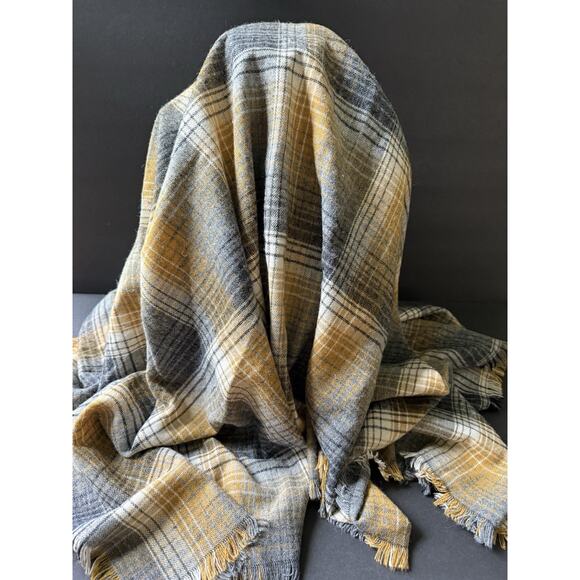 Wool Blend Plaid Square Scarf Gold Gray Fringe Career Classic Preppy Academia - Picture 1 of 5
